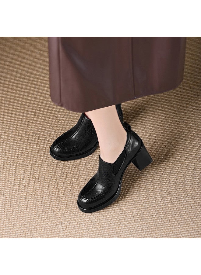 St&Sat Saturday Loafers Women's Single Shoes 2026 New Style Chunky Heel Slip-on Deep V Small Leather Shoes Soft Sole High Heels - Image 5